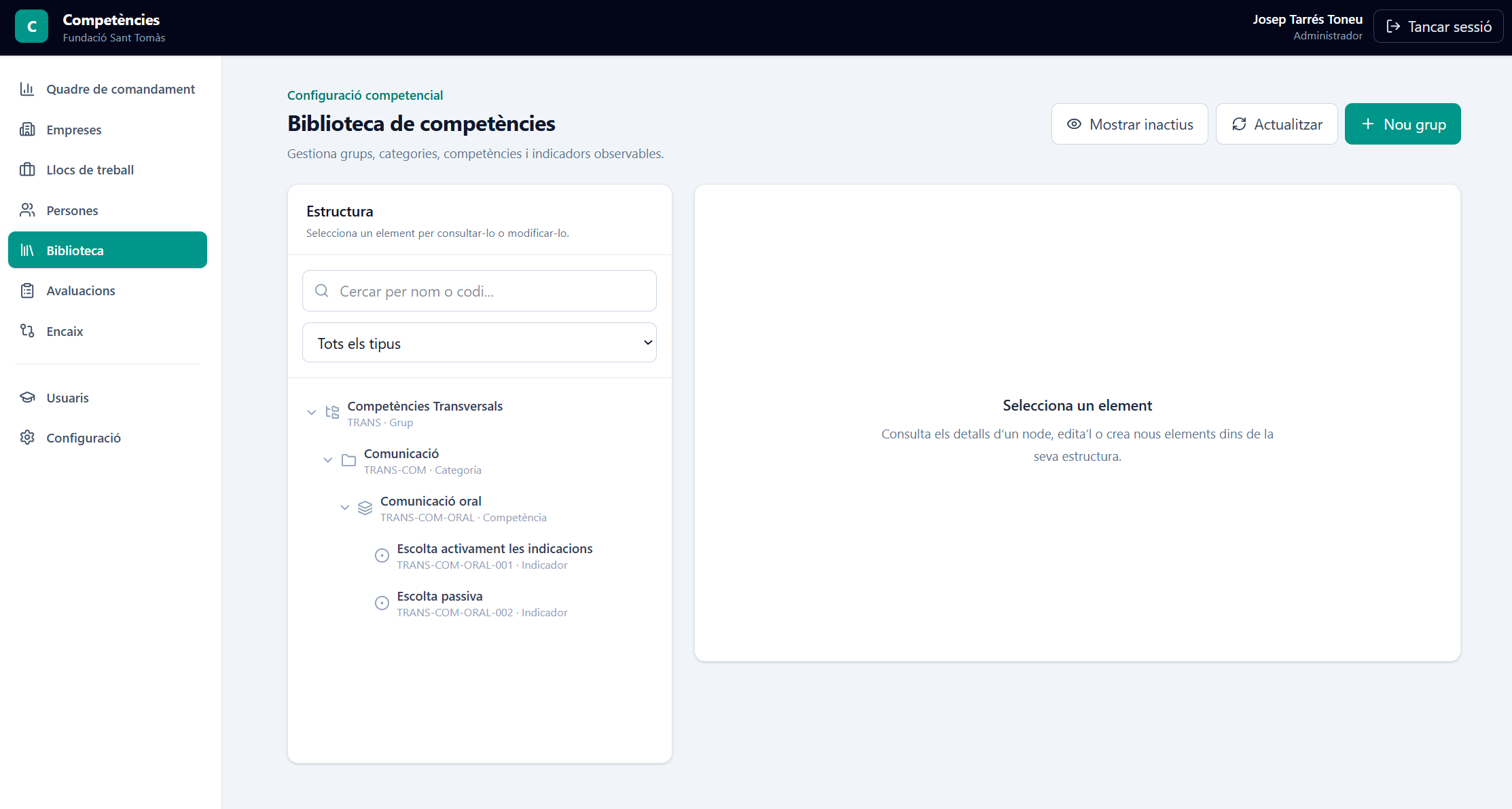 Captura de pantalla de l'eina de competències
